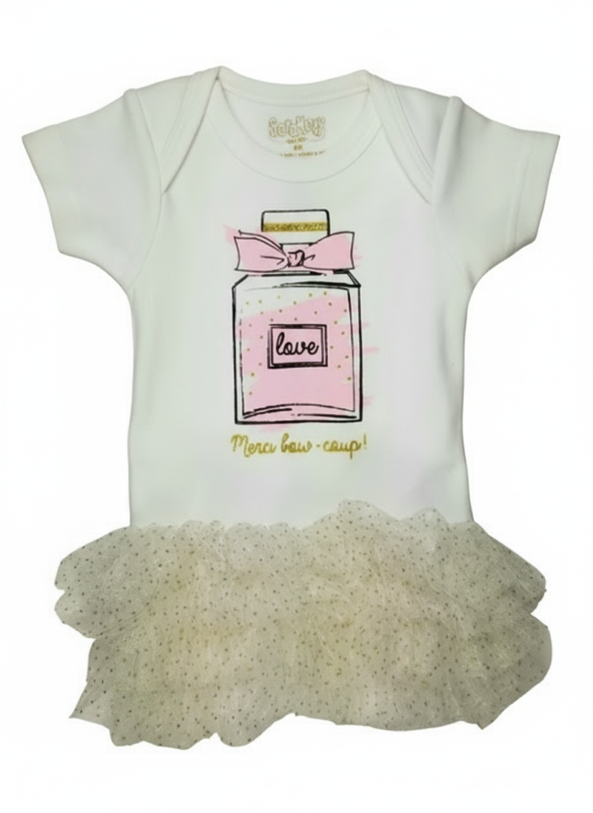 White baby onesie with a pink bottle design and 'love' text on a white background