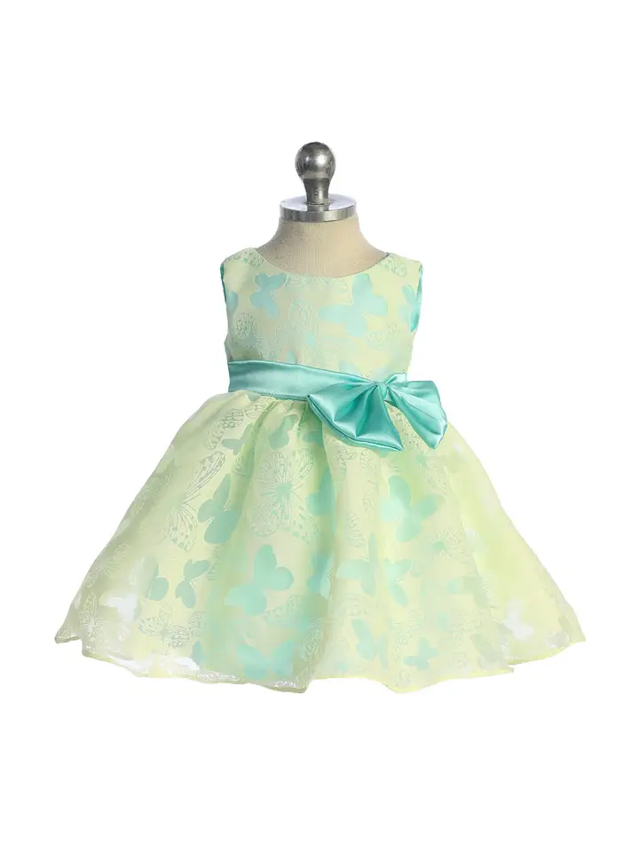 lime green butterfly burnout organza dress over aqua satin with matching bow on dress form