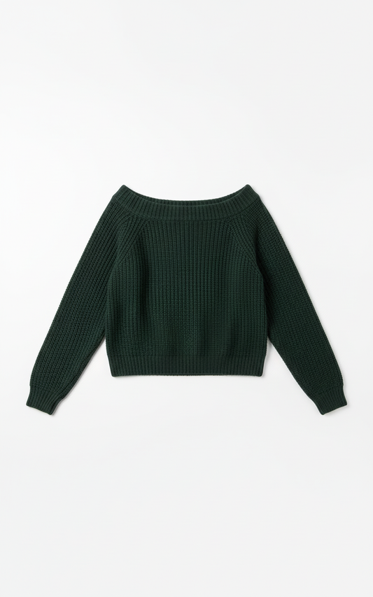 Pine green wide boat neck sweater flat lay showing off-shoulder neckline and relaxed knit construction on white background