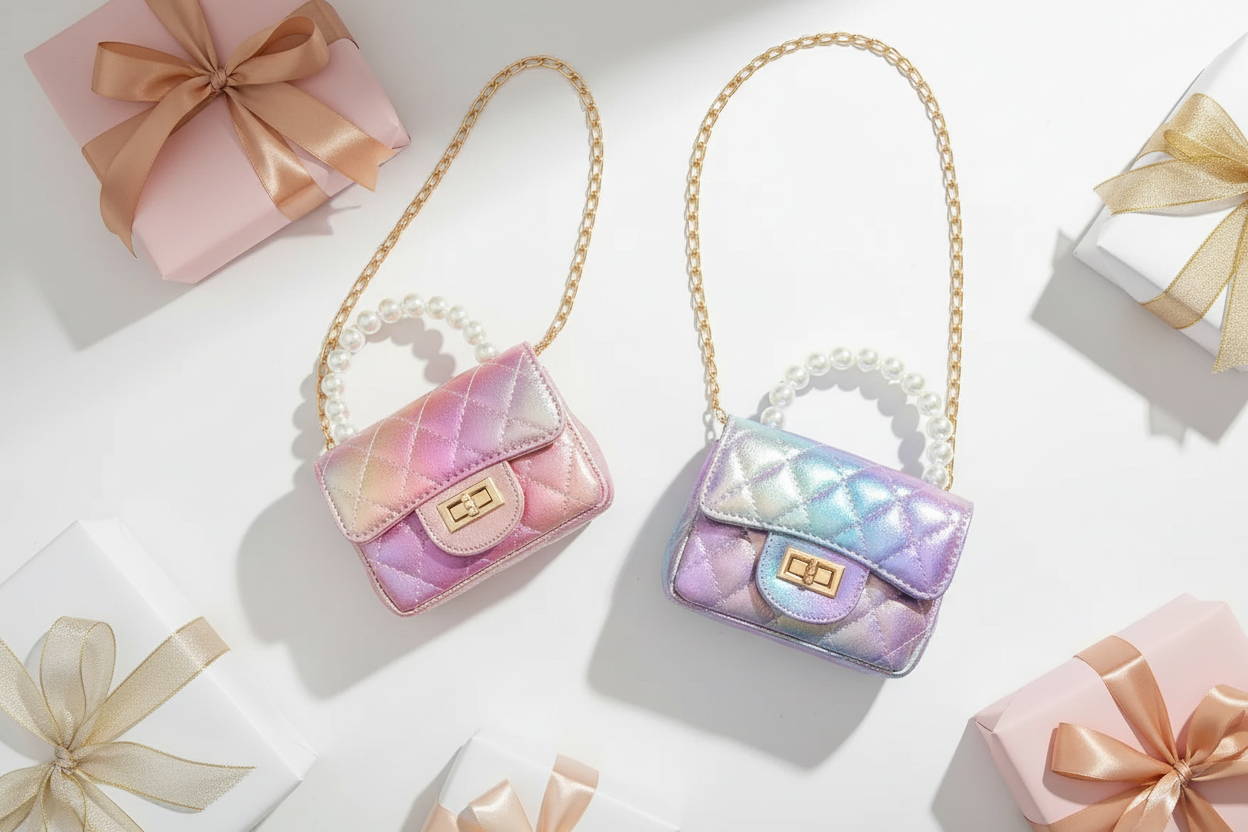 Pink and mermaid iridescent quilted mini purses with pearl handles and gold chain straps holiday flat lay with wrapped gifts in pink and white