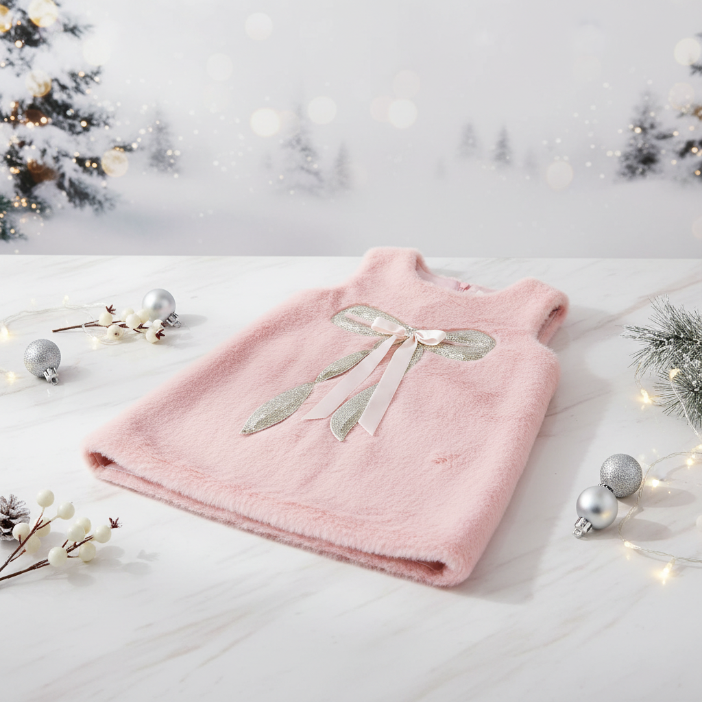 Pink faux fur dress with sequin bow lifestyle shot