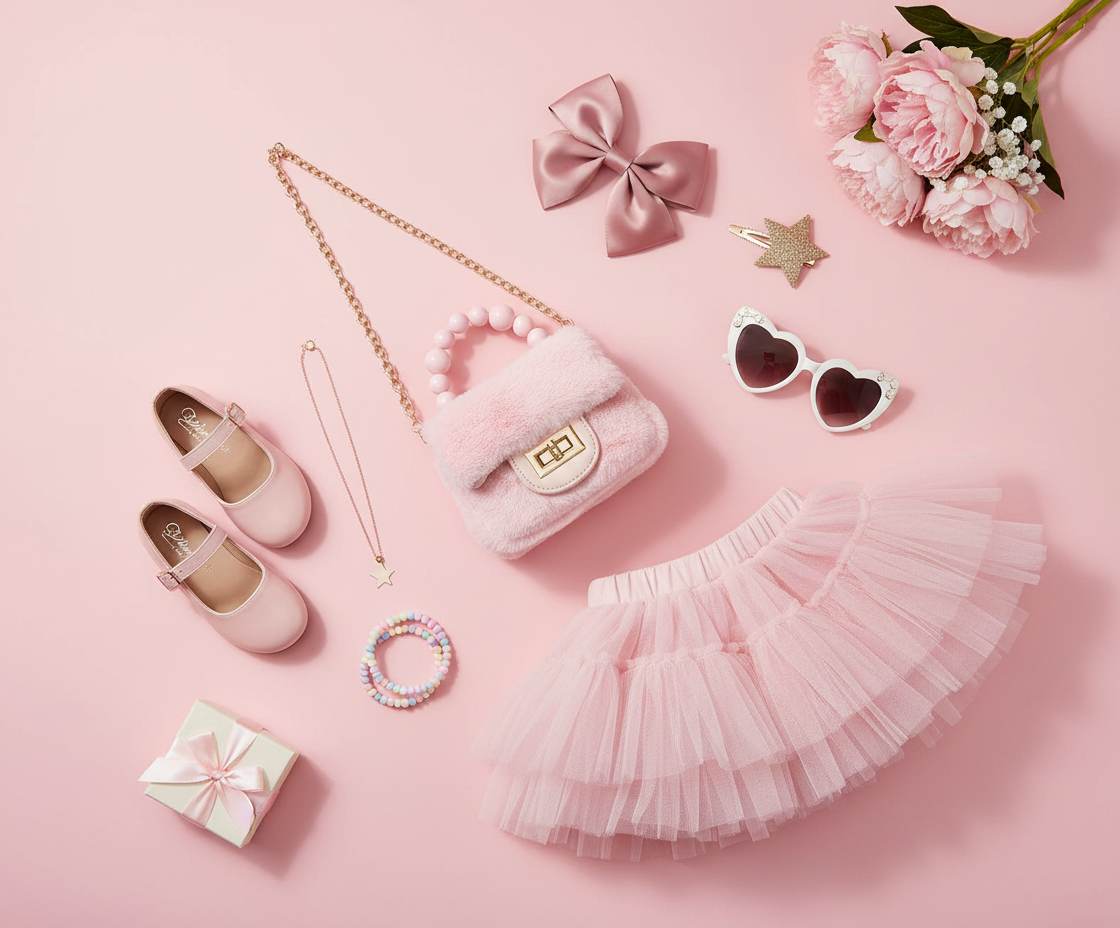 Flat lay of pink faux fur mini purse with pearl beaded handle and gold chain strap styled with sunglasses, hair accessories, tutu, and shoes on white background