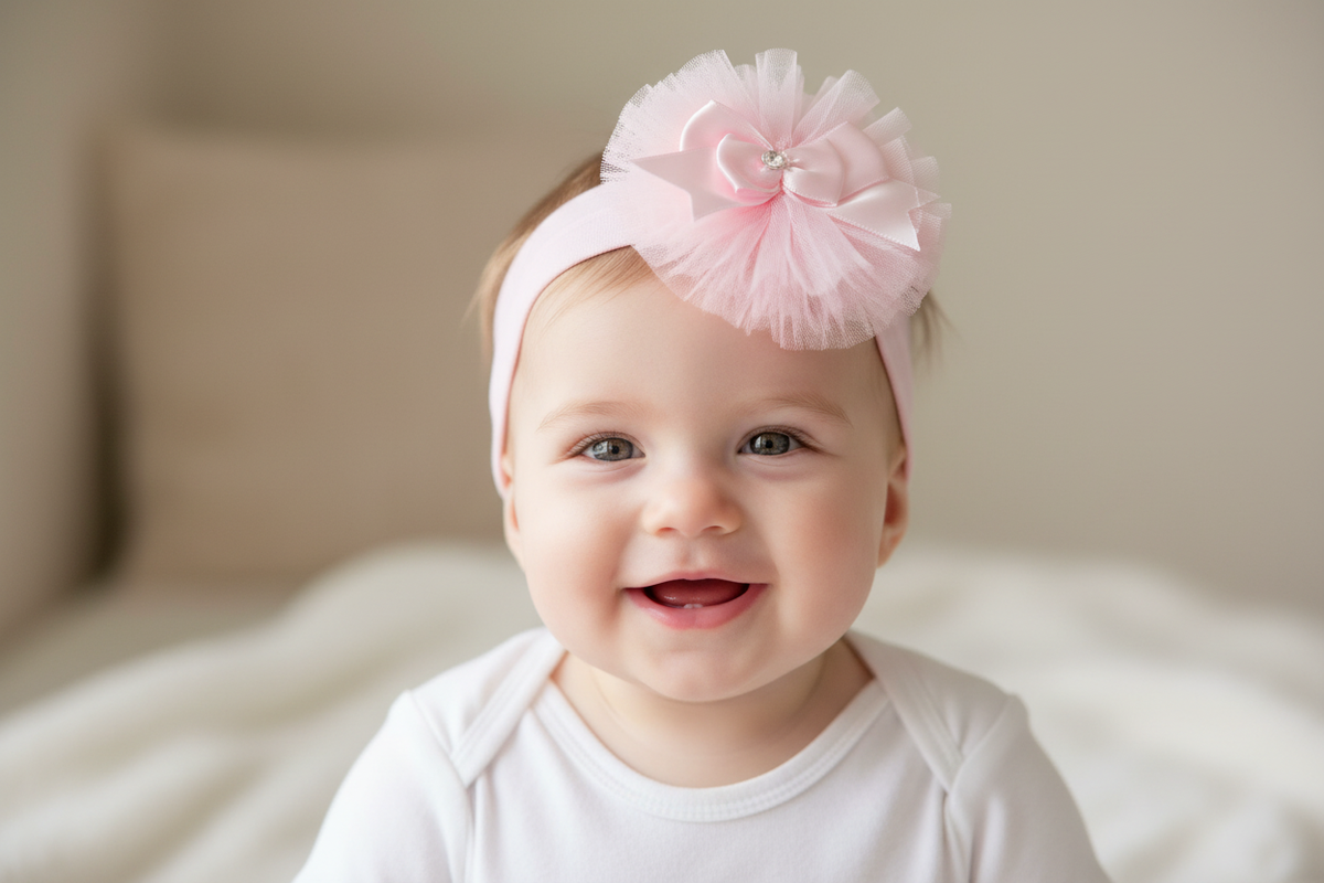 Baby girl wearing delicate pink tulle flower headband with rhinestone center, close-up portrait with soft natural light creating dreamy glow
