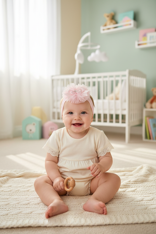 Baby girl wearing pink tulle flower headband with white outfit in soft nursery setting with natural light and pastel decor
