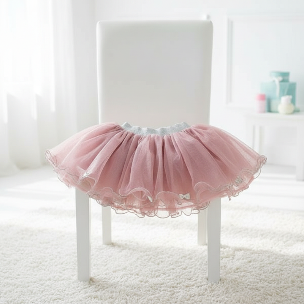Pink tulle tutu with silver glitter waistband lifestyle shot