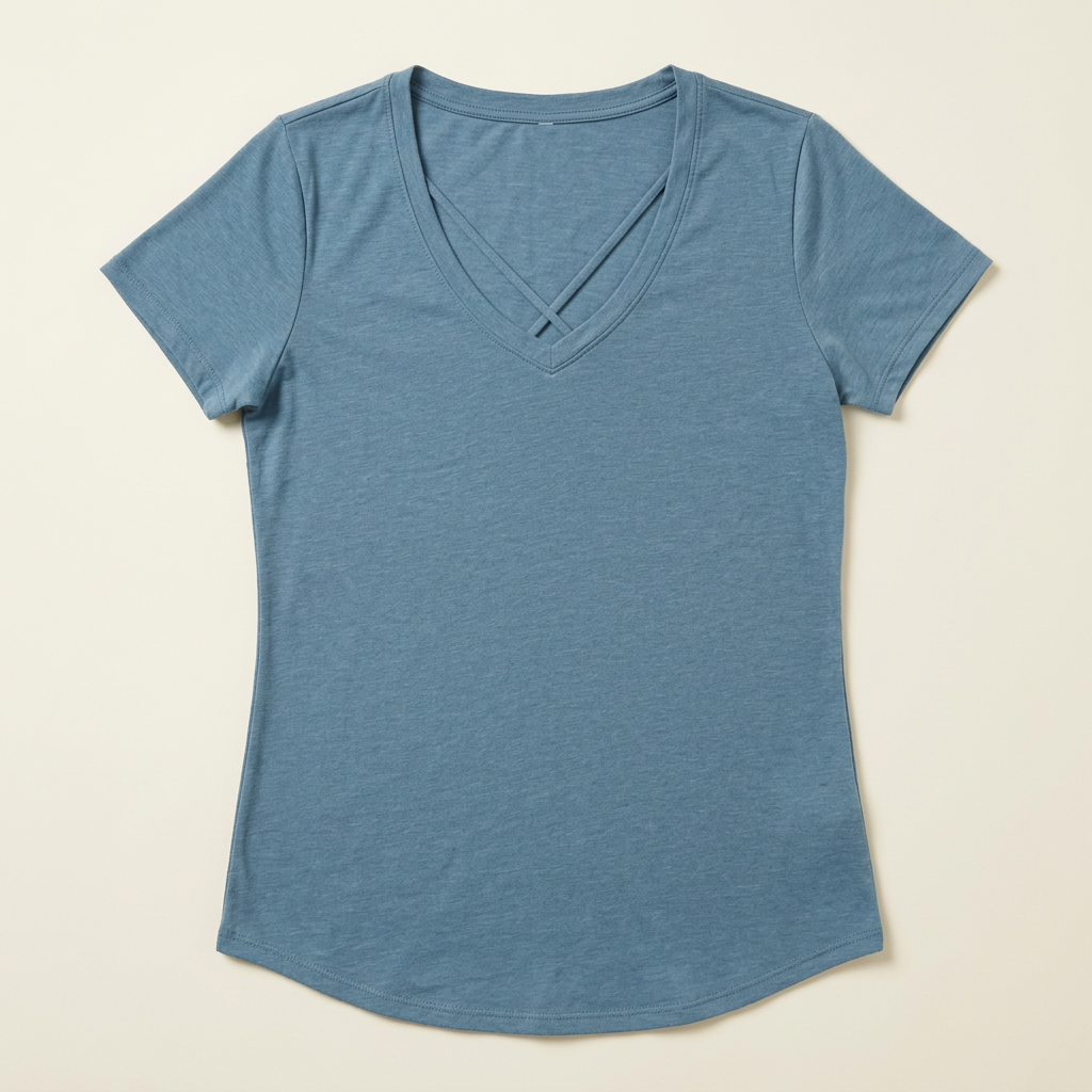 Front flat lay of Parisian blue short-sleeve tee with a V-neckline, crossing straps and curved hem on an ivory background.