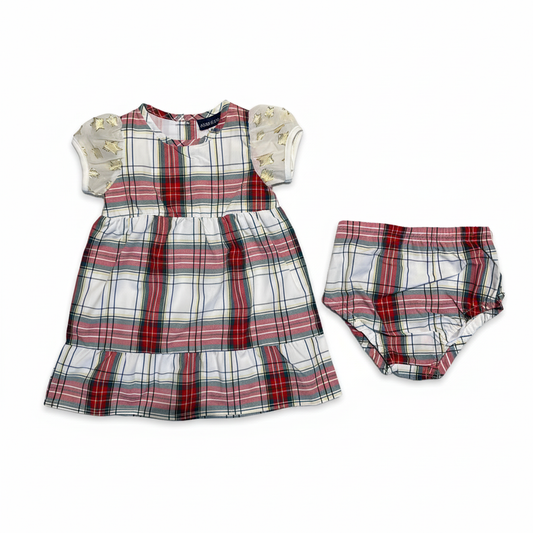 Plaid holiday dress with gold star sleeves and matching bloomer set, flat lay on white background, size 18-24 months