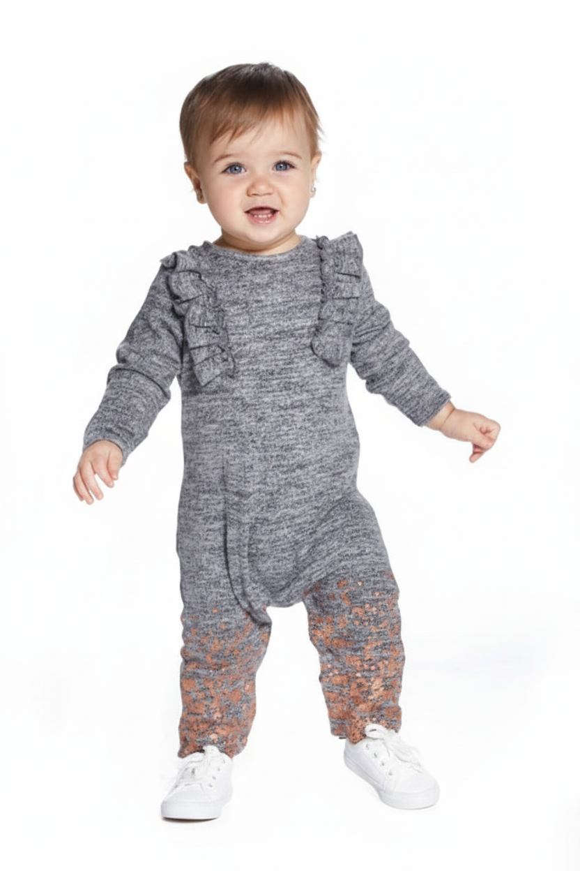 Baby Girl Glitter Sweater Coverall - Gray Gold Ruffle Shoulder