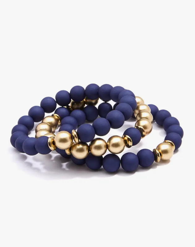Navy & Gold Beaded Stretch Bracelet Set of 3