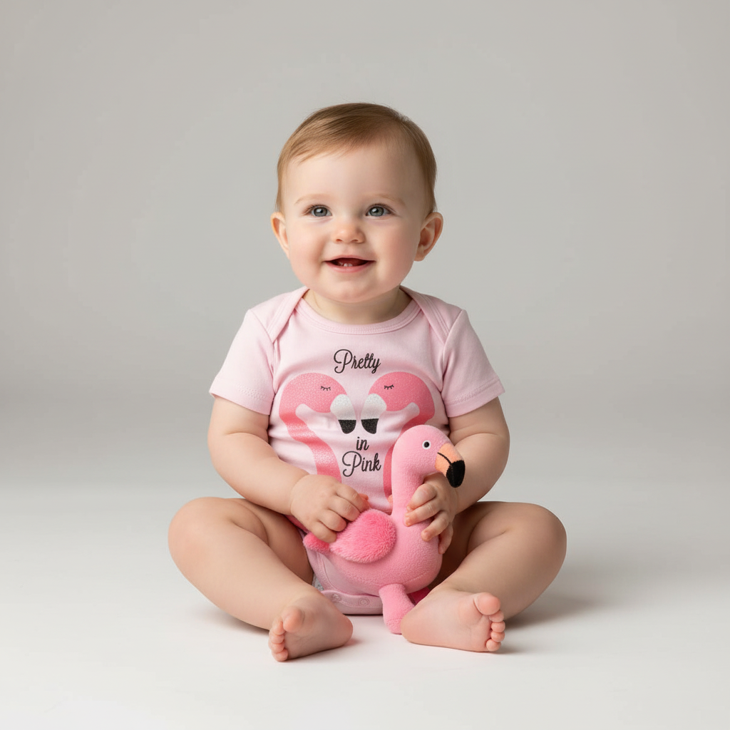 Baby wearing pink Pretty in Pink flamingo onesie holding flamingo plush toy in professional studio setting