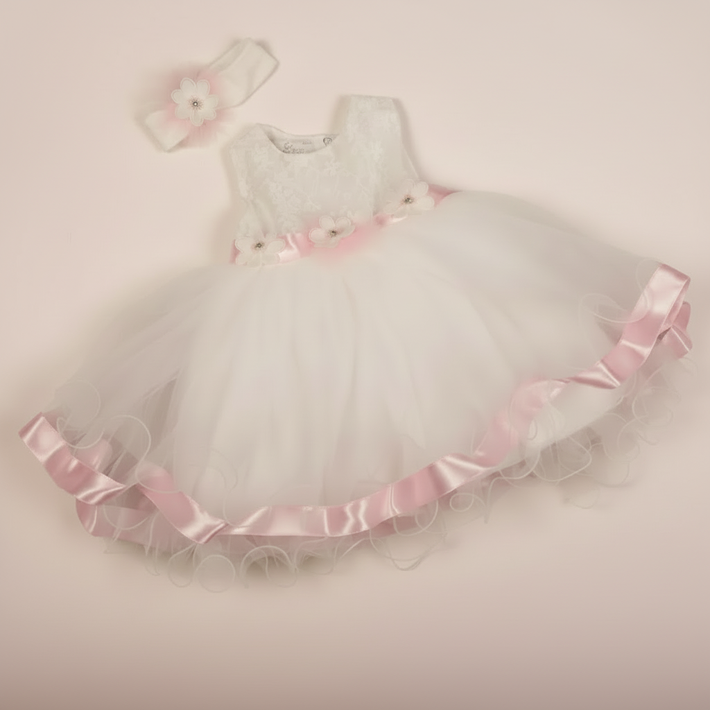 Baby Girl Tulle Dress with Pink Satin Trim & Matching Headband | Special Occasion