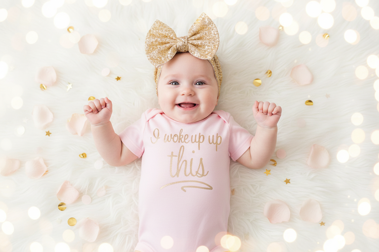 Professional studio hero image of baby in pink onesie with white pink and gold styling