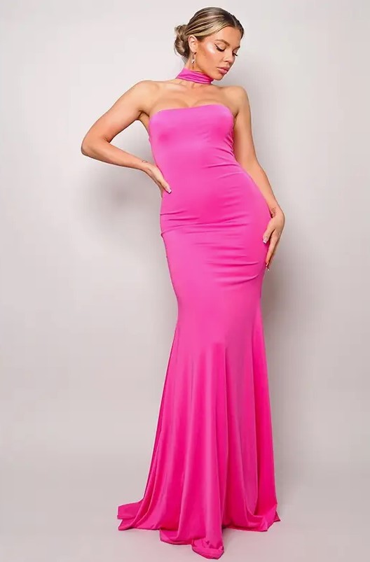 Choker Neck Strapless Gown Hot Pink