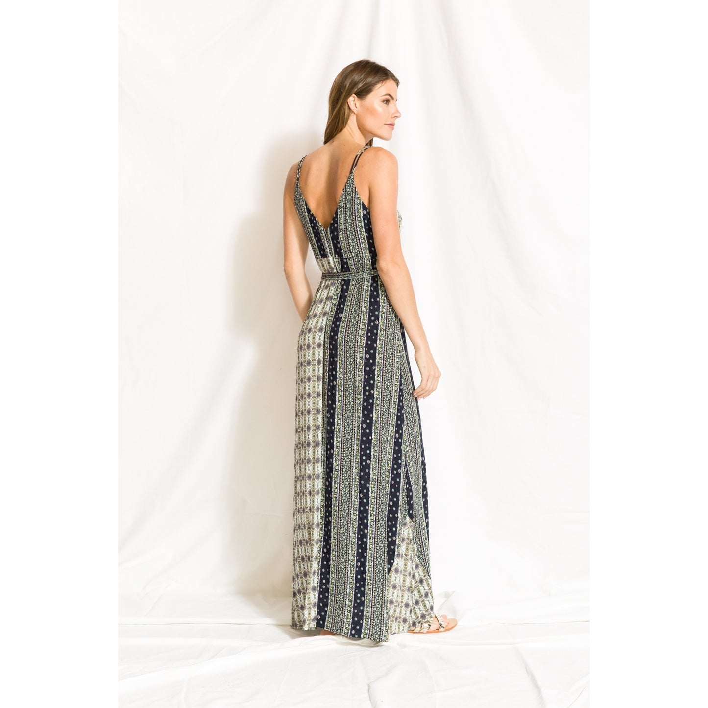 Boho Printed Maxi Dress with Waist Tie