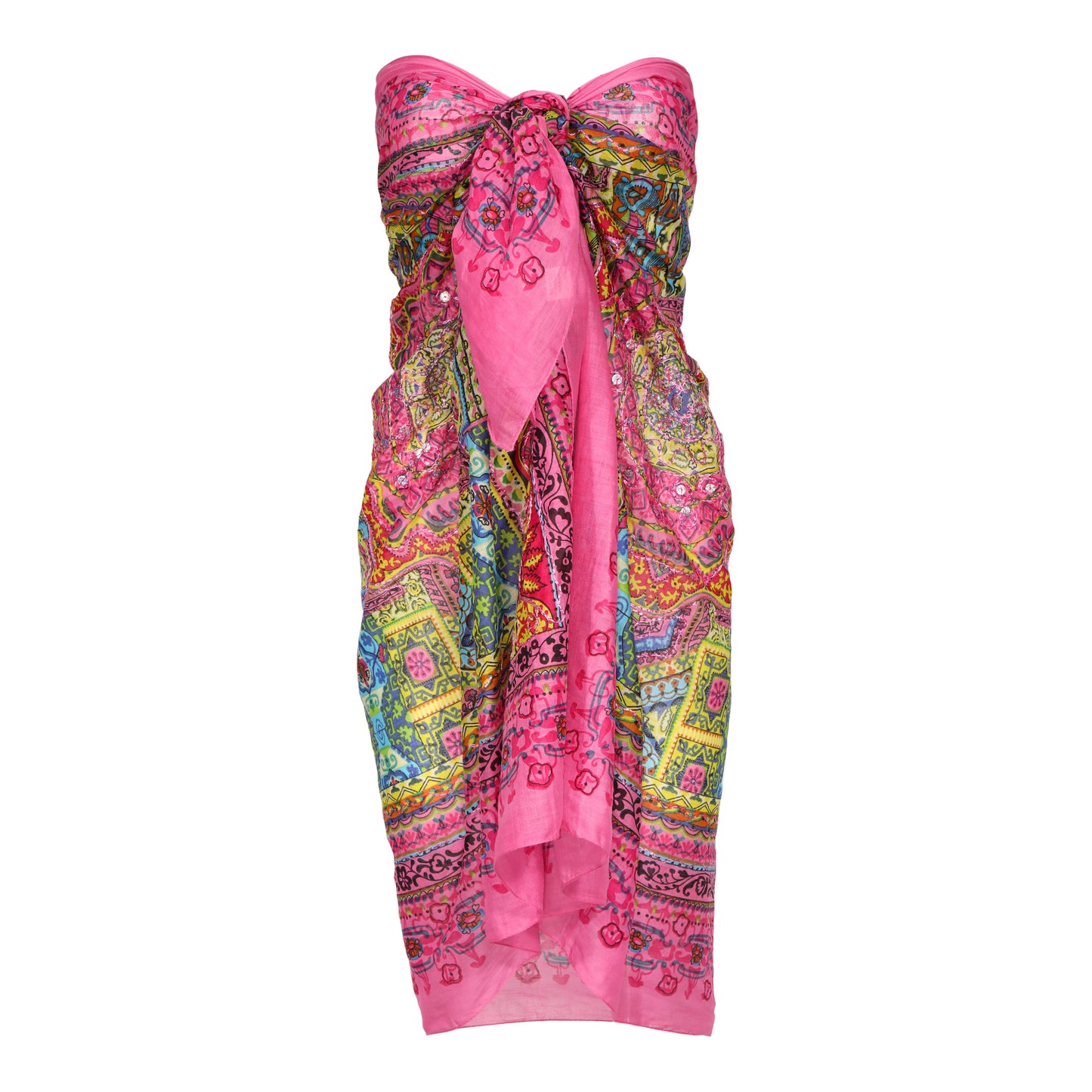 Geo Metallic Embroidered Cotton Sarong Cover-Up – Orange, Blush, Fuchsia