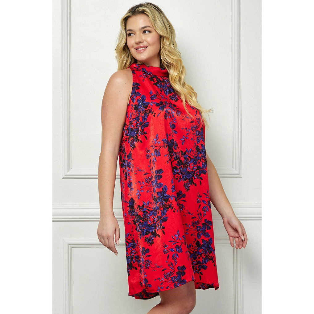 Navy & Red Floral Halter Swing Dress PLUS