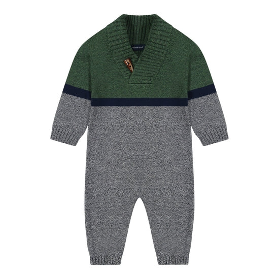 Forest green and heathered gray sweater knit coverall with shawl collar, toggle button detail, and matching gray booties