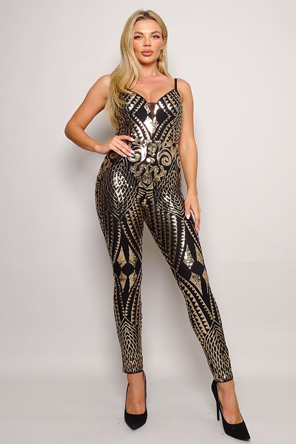 Gold Sequin Black Catsuit