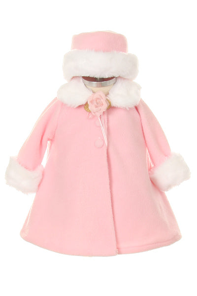 Pink fleece baby coat with white faux fur trim and matching hat