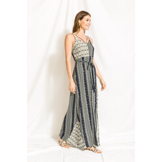 Boho Printed Maxi Dress with Waist Tie