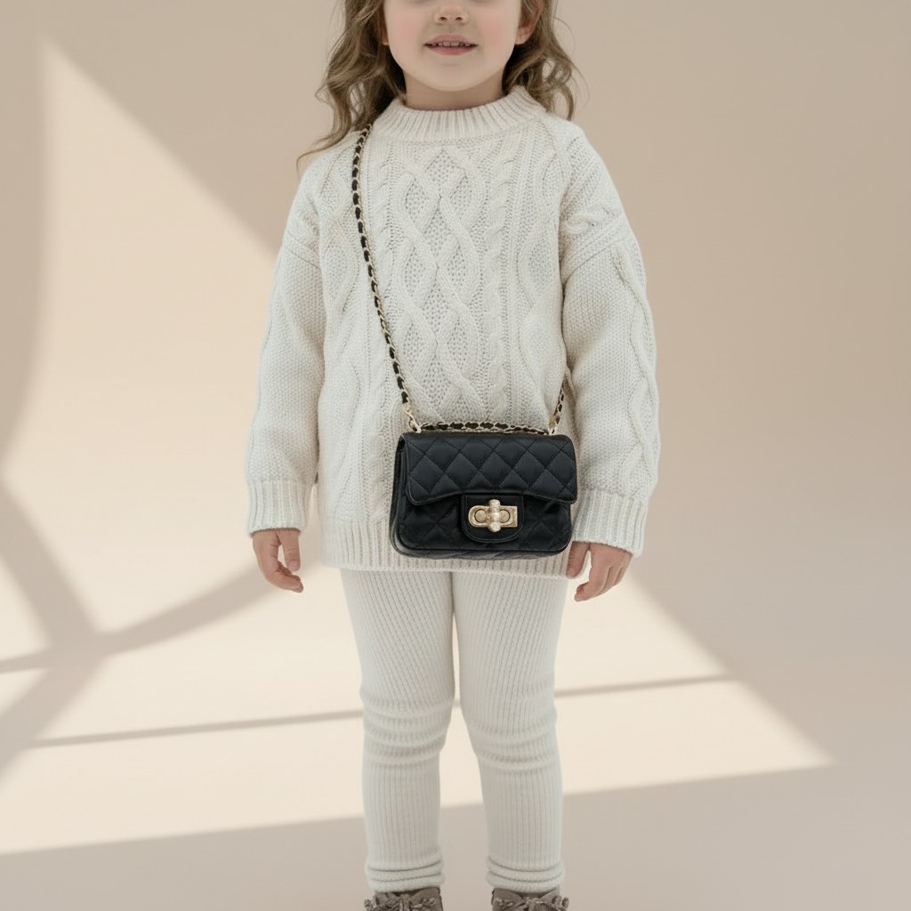 Quilted purse winter lifestyle with pearl strap