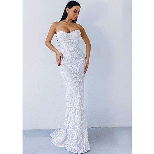 Strapless Sequin Gown - White