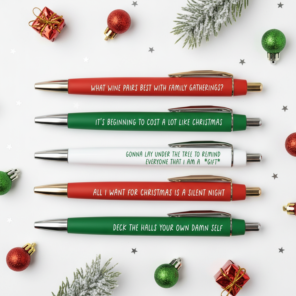 Realistic overhead photography of humorous Christmas pens