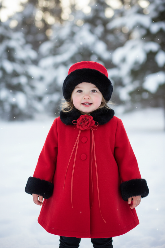 Toddler girl wearing red fleece coat with black fur trim and matching hat outdoors in winter