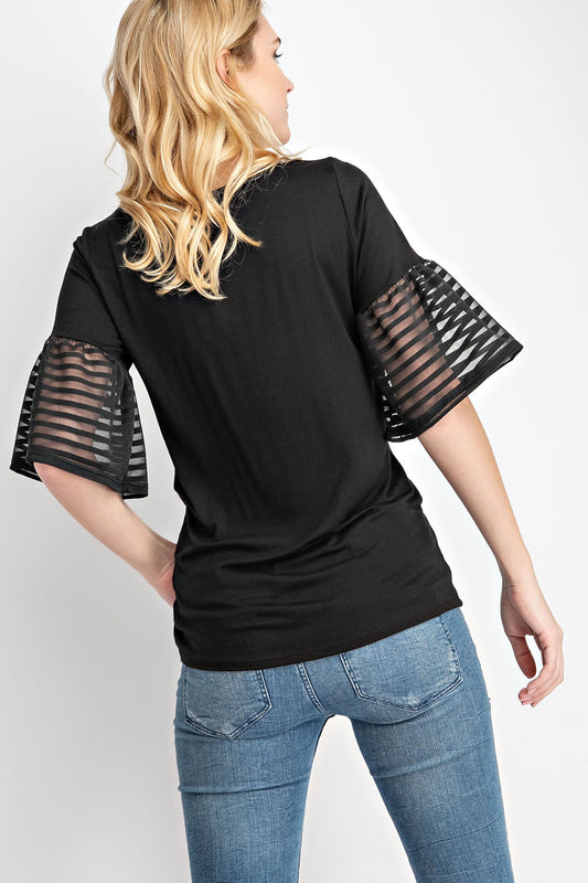 Stripe Flutter Sleeve Top Black