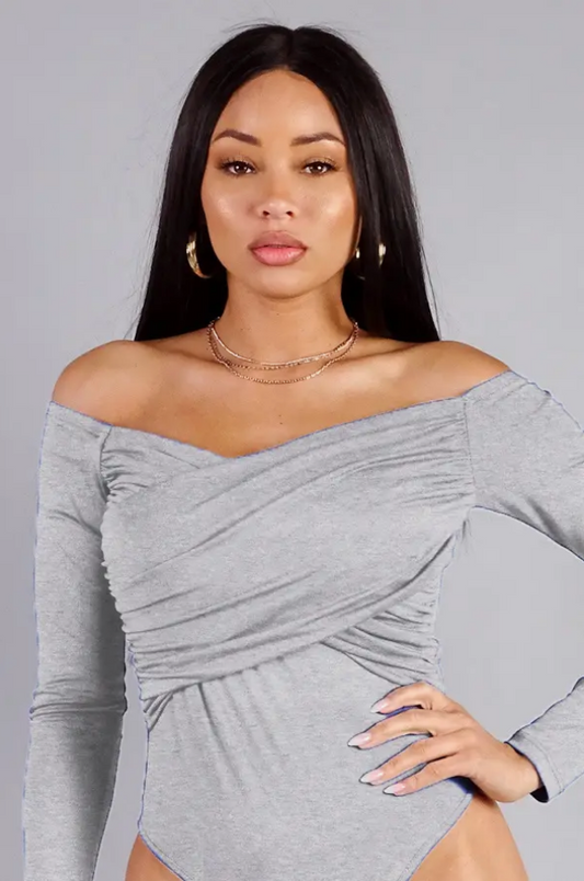 Long Sleeve Off Shoulder Crossed Front Bodysuit Grey