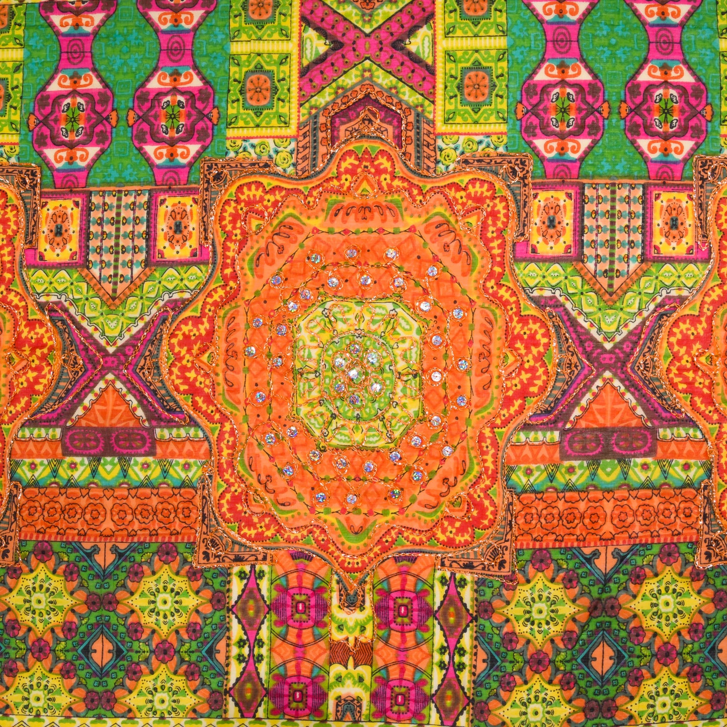 Geo Metallic Embroidered Cotton Sarong Cover-Up – Orange, Blush, Fuchsia