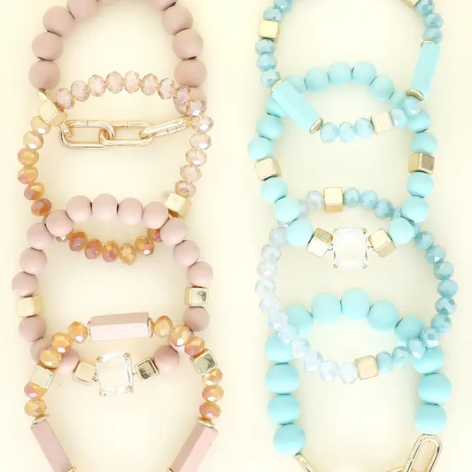 4 Pack Gold Accent Bohemian Layering Beaded Bracelet Set - Mint
