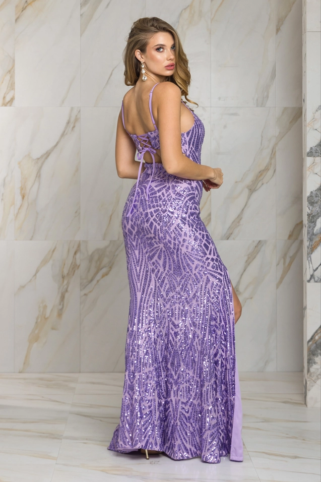 Lavender Lace-Up Sequin Gown w/Slit