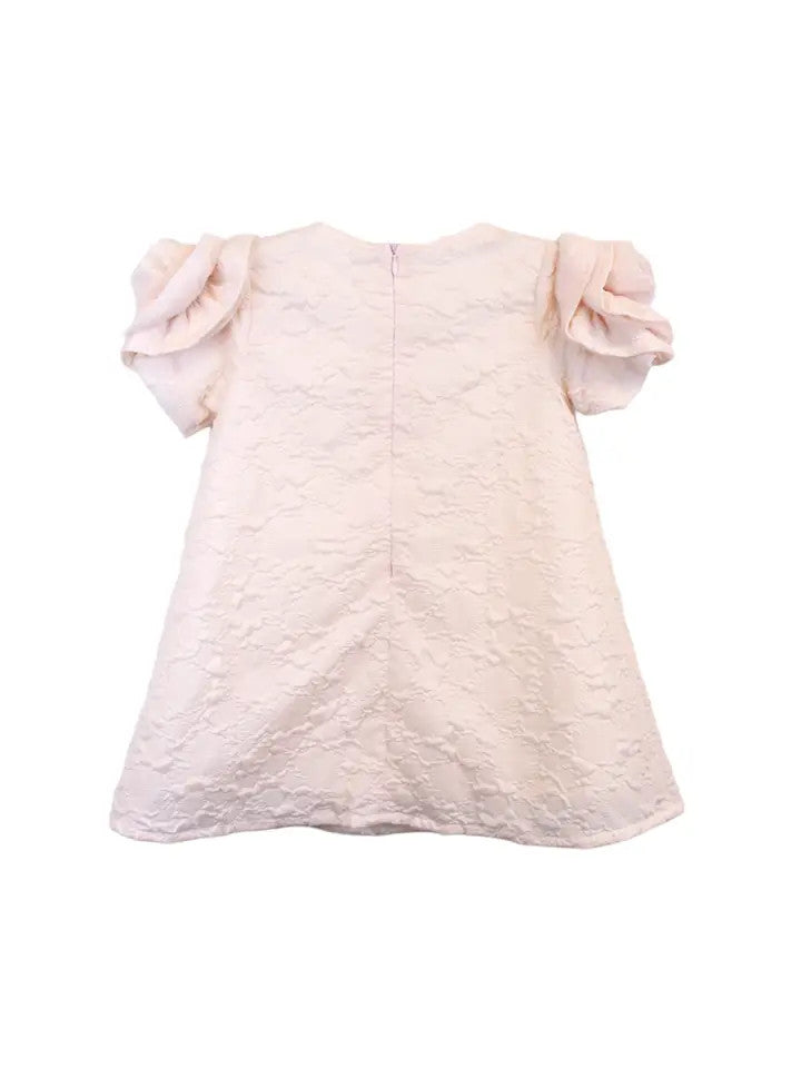 Back of blush pink floral brocade girls' dress with rosette sleeves and zipper closure on white background