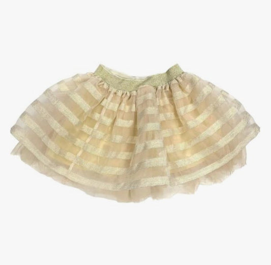 Girls' champagne gold striped tulle tutu skirt with green ribbon waistband displayed on white background