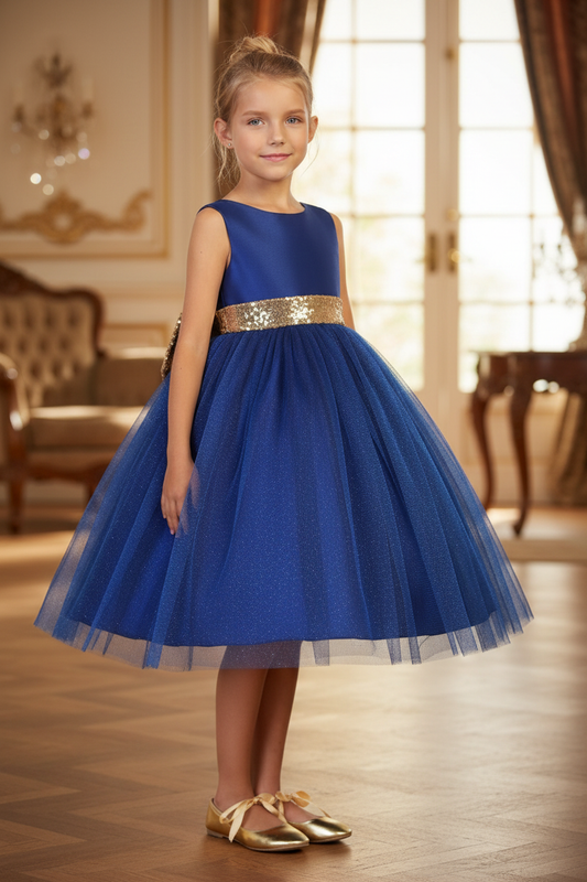Young girl wearing royal blue glitter tulle dress with gold sequin bow in elegant indoor setting