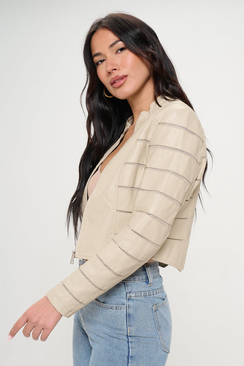 Cream Vegan Leather Mesh Jacket