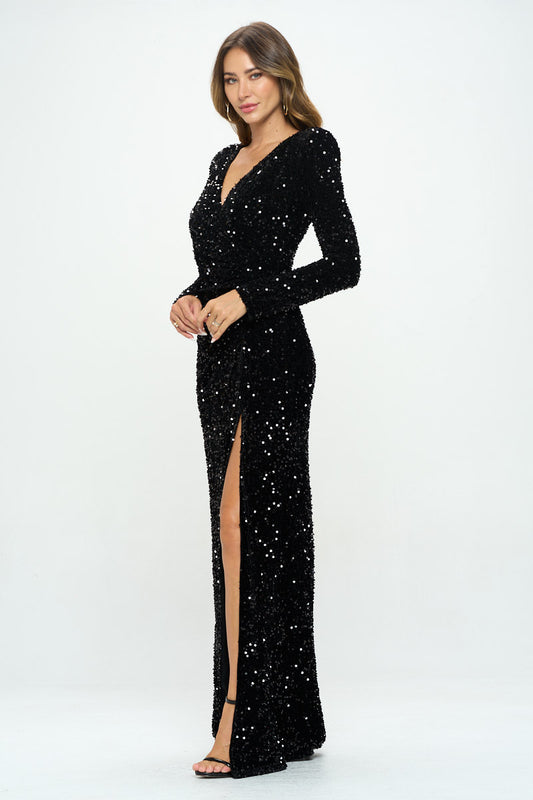 LS Strong Shoulder Velvet Sequins Drape Gown