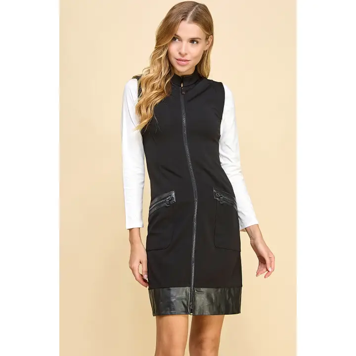 Faux Leather Trim Zipper Dress w/Pockets