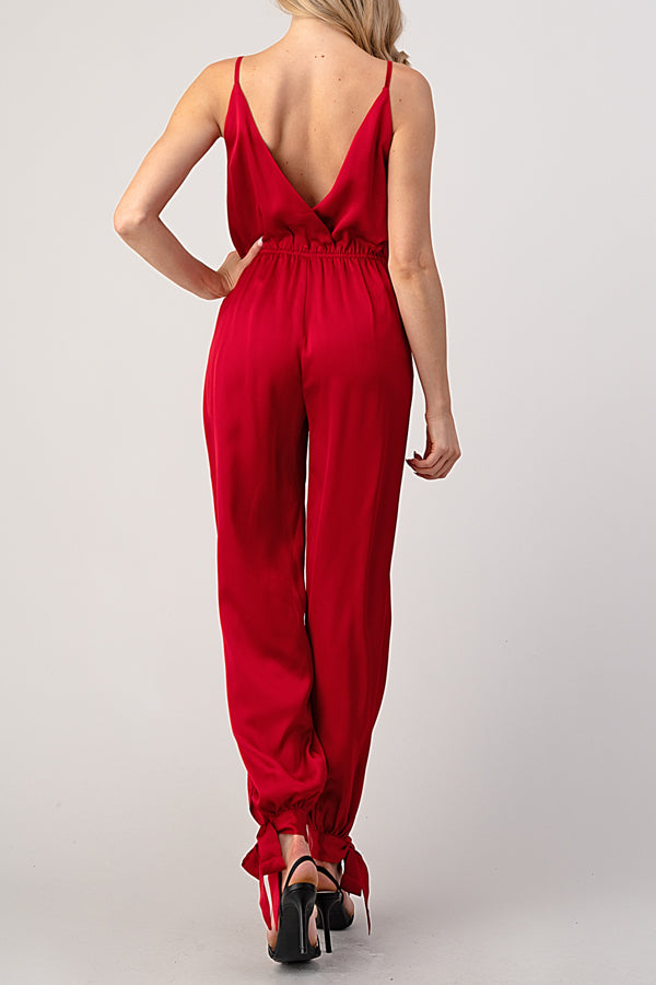Deep V Ankle Tie Red Satin Jumpsuit