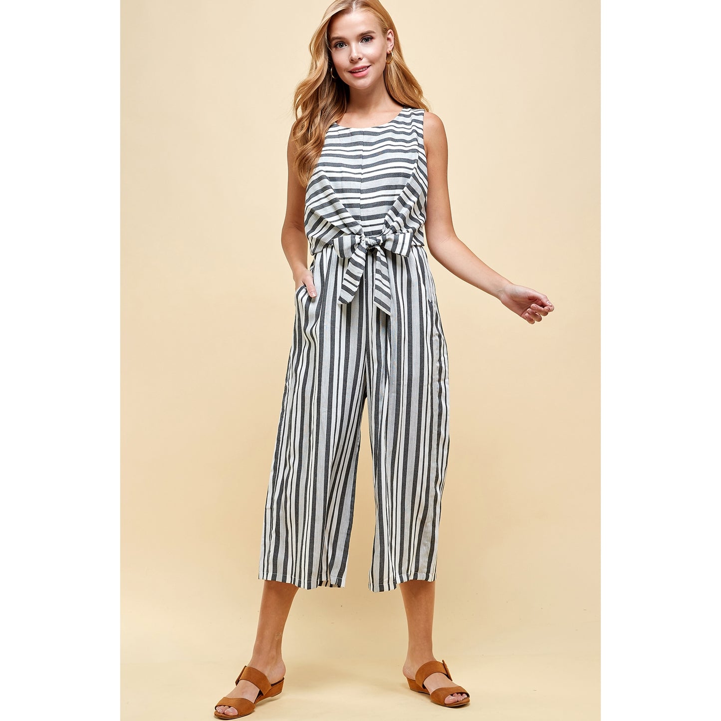 Striped Front Tie Gaucho Jumpsuit