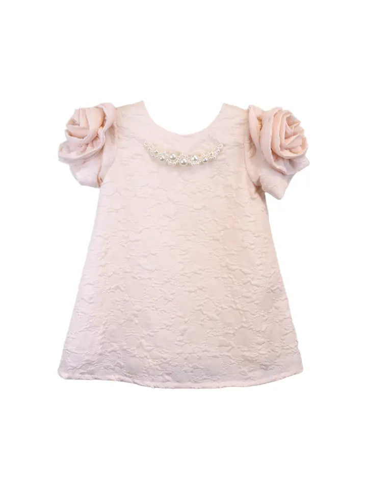 Blush pink floral brocade girls' dress with pearl collar necklace detail and rosette sleeves on white background