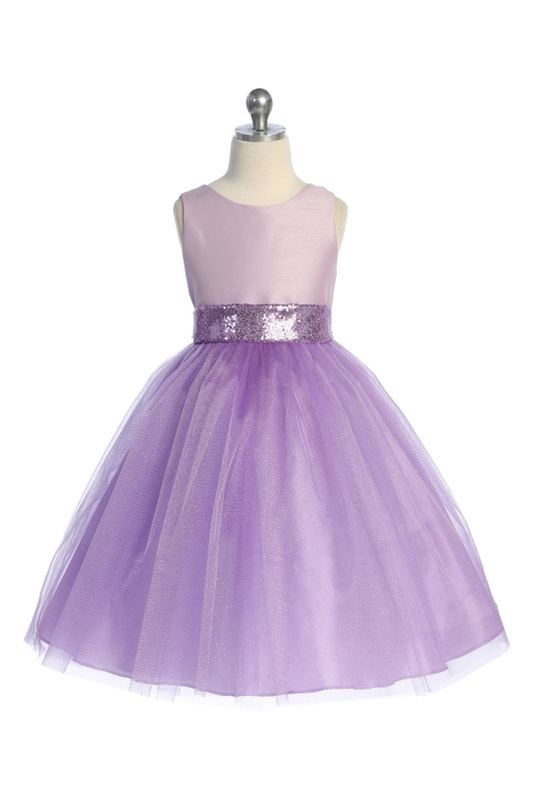 Girls' lavender dress with purple sequin waistband and glitter tulle skirt on mannequin, sparkly party dress for special occasions