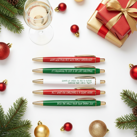 Sarcastic Christmas pens with wine and holiday props