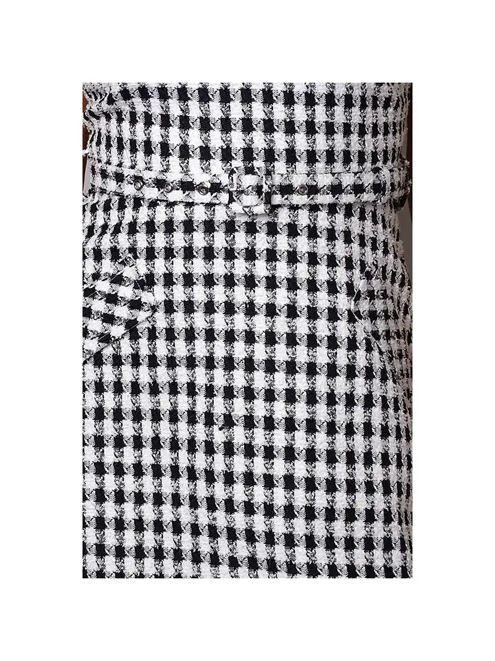 Sleeveless Checkered Tweed Belted Dress with V-Neck and Square Buckle