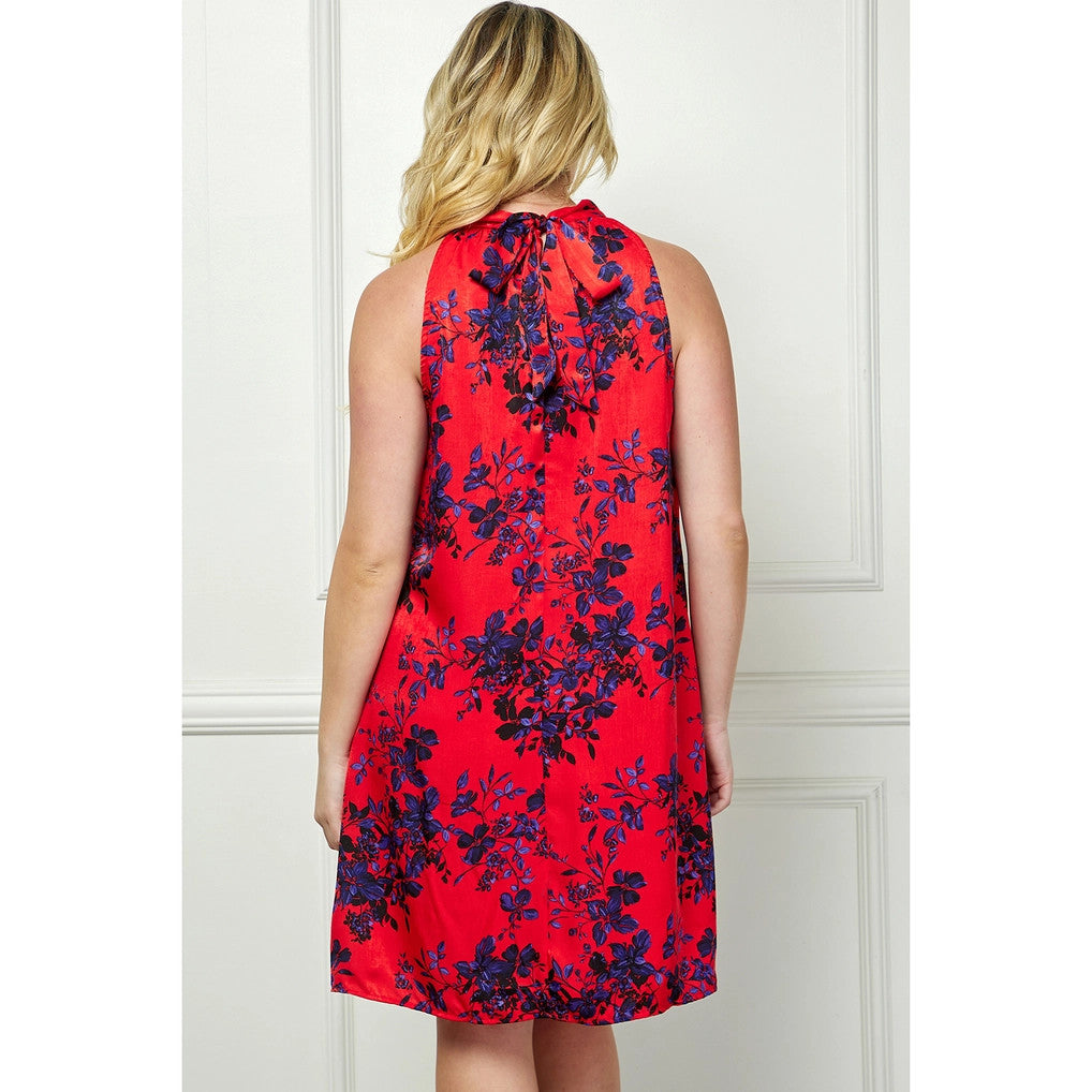Navy & Red Floral Halter Swing Dress PLUS