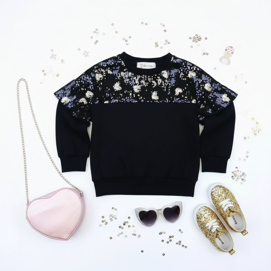 Black sequin heart sweatshirt flat lay with heart-shaped bag, gold sparkly sneakers, and heart sunglasses on white background