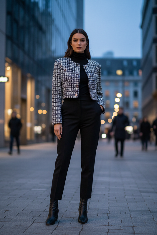 SWoman wearing sequin tweed cropped jacket with silver buttons in urban evening setting