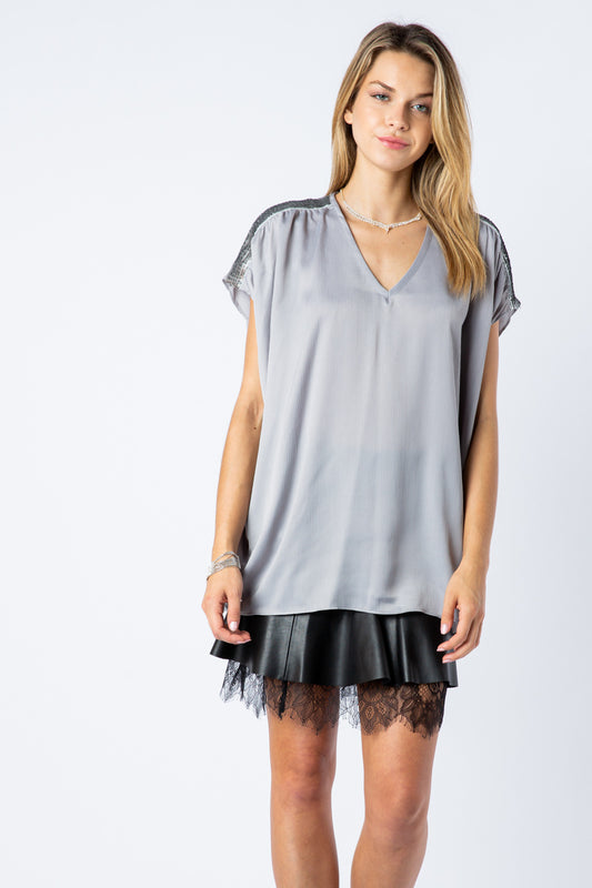 6171 Satin Vneck Bejeweled Shoulder Blouse