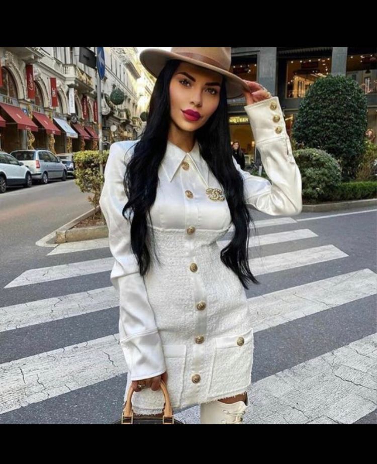 white tweed dress gold buttons White main image 0